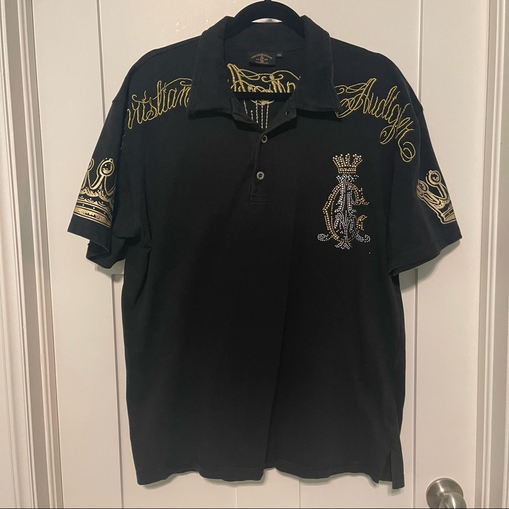 Christian Audigier Affliction size XXL Y2K black with shiny gold accents!